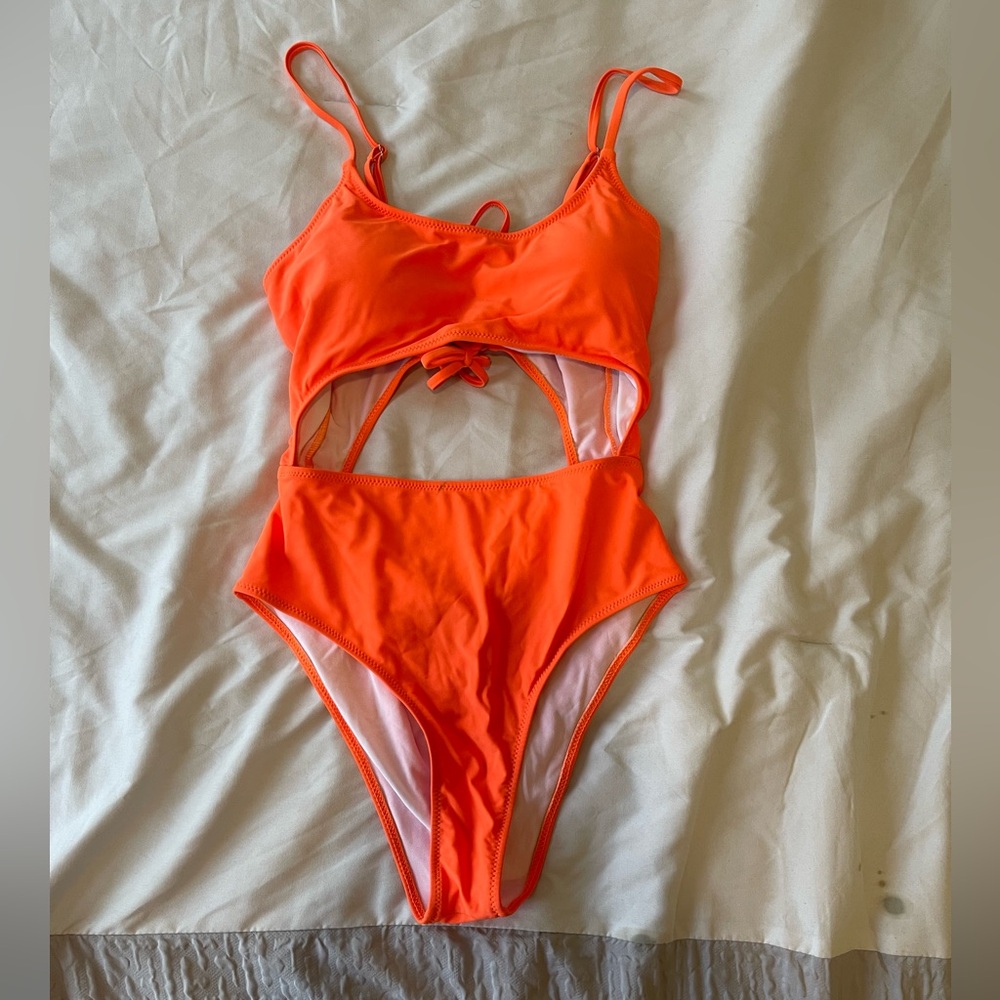 Vibrant Orange One-Piece Monokini with Cut-Out Design